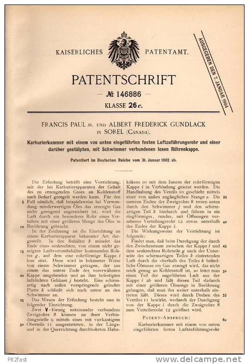 Original Patentschrift - F. Paul Und A. Gundlack In Sorel , Canada , 1902 , Carburator , Karburierkammer !!! - Historische Dokumente