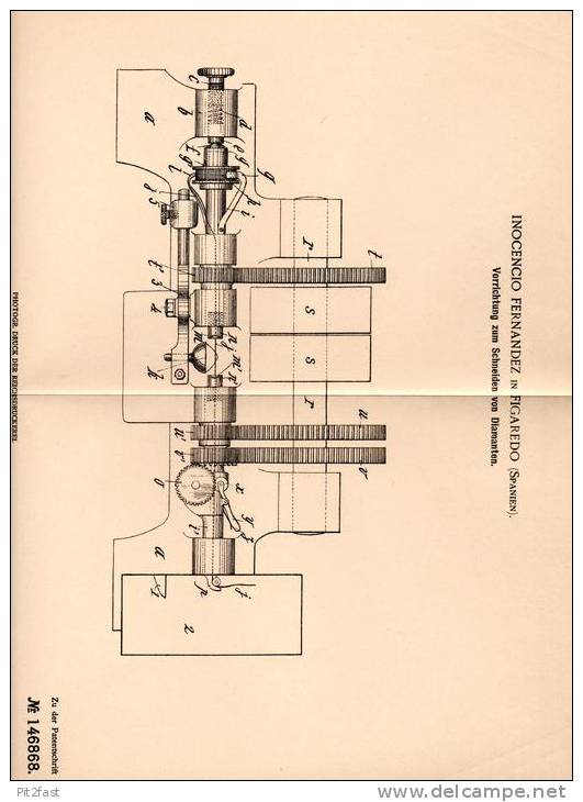 Original Patentschrift - I. Fernandez In Figaredo , Spanien , 1903 , Diamant - Maschine , Diamond , Diamanten !!! - Machines