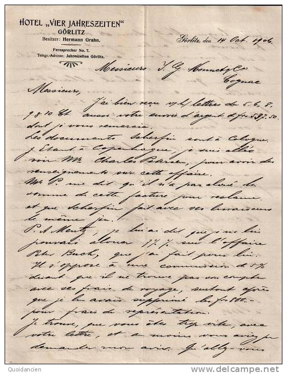 Entête  14/10/1906 Recto Verso -  GÖRLITZ  ( Allemagne )  -  Hermann   GRAHN  -  Hôtel  " VIER  JAHRESZEITEN  "" - ... - 1799