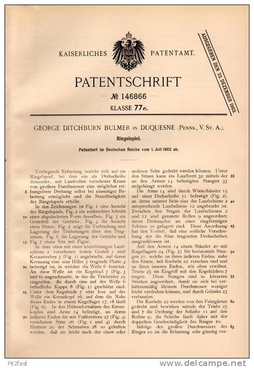 Original Patentschrift - G. Bulmer In Duquesne , Penns., USA , 1902 , Carousel , Karussell  , Ringelspiel !!! - Oud Speelgoed