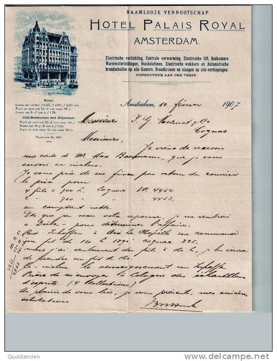 Entête  10/02/1907  -  AMSTERDAM  ( Pays Bas )  -  NAAMLOOZE  VEN  VENNOOTSCHAP  -  Hôtel  PALAIS  ROYAL - Nederland
