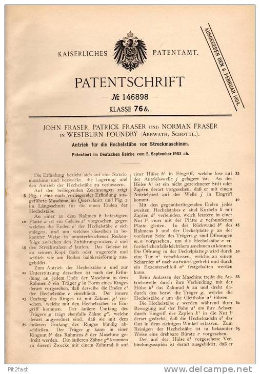 Original Patentschrift - John Fraser In Westburn Foundry , Arbwath , Scotland , 1902 , Antrieb Für Streckmaschine !!! - Tools