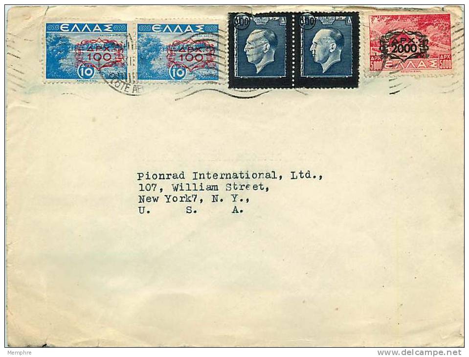 1947?   Lettre Avion Pour Les USA Paysages 2000 Dr Sur 5000dr, 100dr Sur 10dr Et Deuil Roi Constantin 600 Sur 8 Dr - Covers & Documents