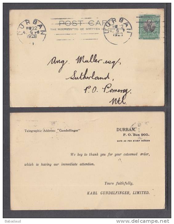 South Africa;KARL GUNDELFINGER Durban To Pomeroy, Natal, 1928 - Covers & Documents