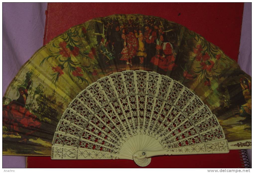 EVENTAIL ESPAGNE Tissu DANSE GITANE FLAMENCO  Sérénade ANDALOUSIE / 20 Brins Couleur IVOIRINE Façon DENTELLE - Fans