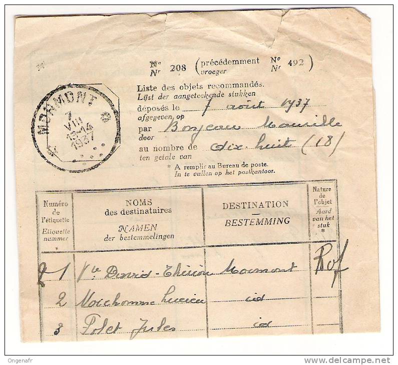 Obl Sur Doc. De Mormont 07/08/1937 - Rural Post