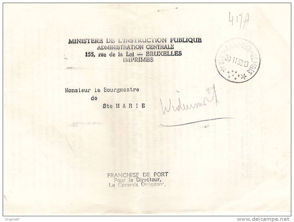 Obl Sur Doc. De St-Marie-sur-Semois  30/11/1953 - Rural Post