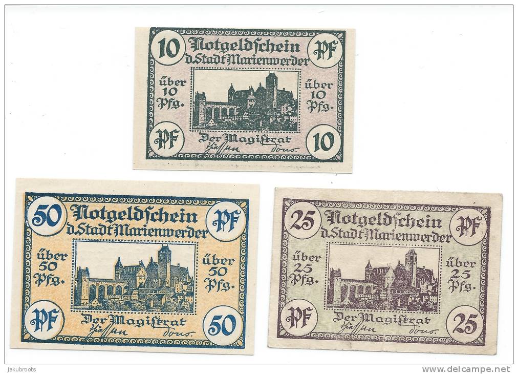 1920 KWIDZYN / MARIENWERDER  THREE VALUES   LOCAL  BANKNOTES. - Poland