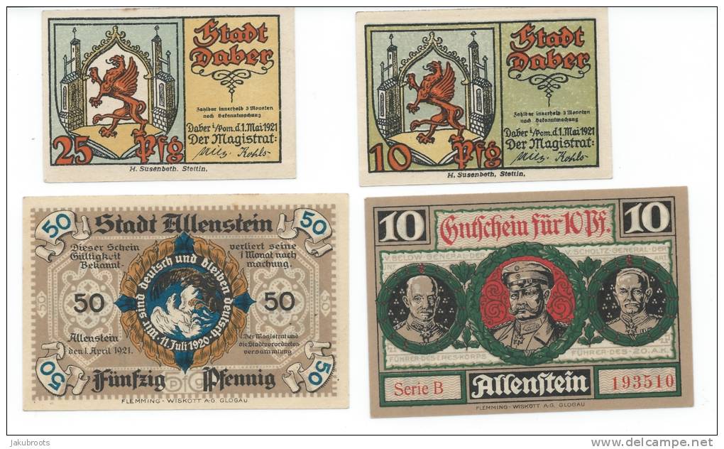 1920 PLEBISCITE OLSZTYN / ALLENSTAIN /STTETIN  LOCAL FOUR VALUES  BANKNOTES. - Polonia