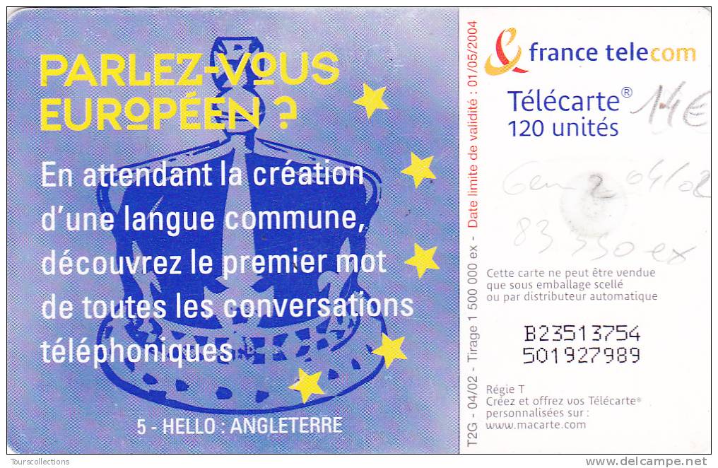 TELECARTE 120 U @ PARLEZ VOUS EUROPEENS ? 5 ANGLETERRE - 83 250 Ex @ GEM2 - 04/2002 - 2002