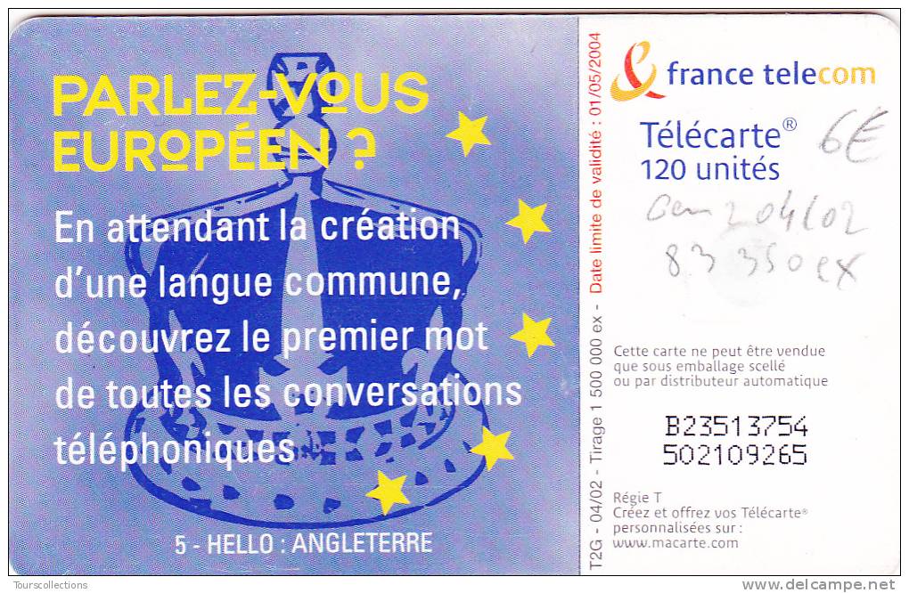 TELECARTE 120 U @ PARLEZ VOUS EUROPEENS ? 5 ANGLETERRE - 83 250 Ex @ GEM2 - 04/2002 - 2002