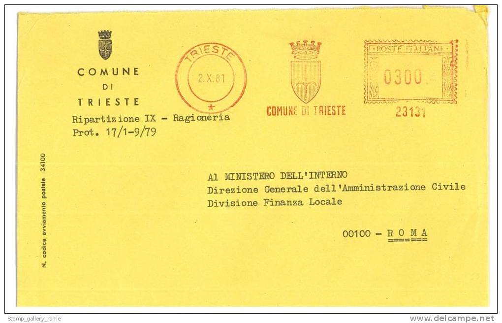 TRIESTE  34100  PROV. TRIESTE  - ANNO 1981  -  AMR - STORIA POSTALE DEI COMUNI D´ITALIA - POSTAL HISTORY - Macchine Per Obliterare (EMA)