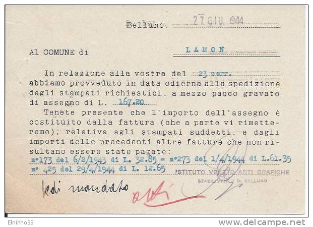 1944 RSI Cartolina Postale Prestampata C. 30 Roma Da Belluno Per Lamon - Marcophilie