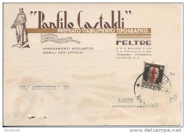 1944 RSI Cartolina Postale Prestampata C. 30 Roma Da Feltre Per Lamon - Marcophilie