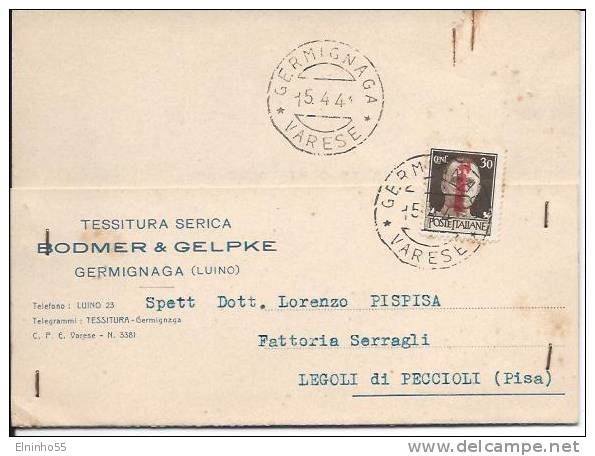 1944 RSI Cartolina Postale Prestampata C. 30 Da Germignaga Per Legoli Di Peccioli - Marcophilie