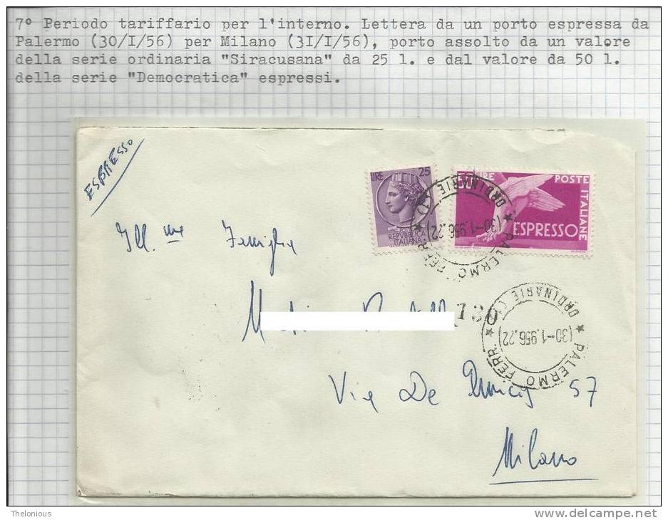 # Lettera Espresso Spedita Da Palermo Il 30-1-56 Per Milano - 1946-60: Storia Postale