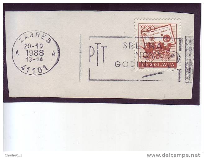 STAGE COACHES-220 DIN-POST-PTT-SLOGAN-HAPPY NEW YEAR-YUGOSLAVIA-1988 - Used Stamps