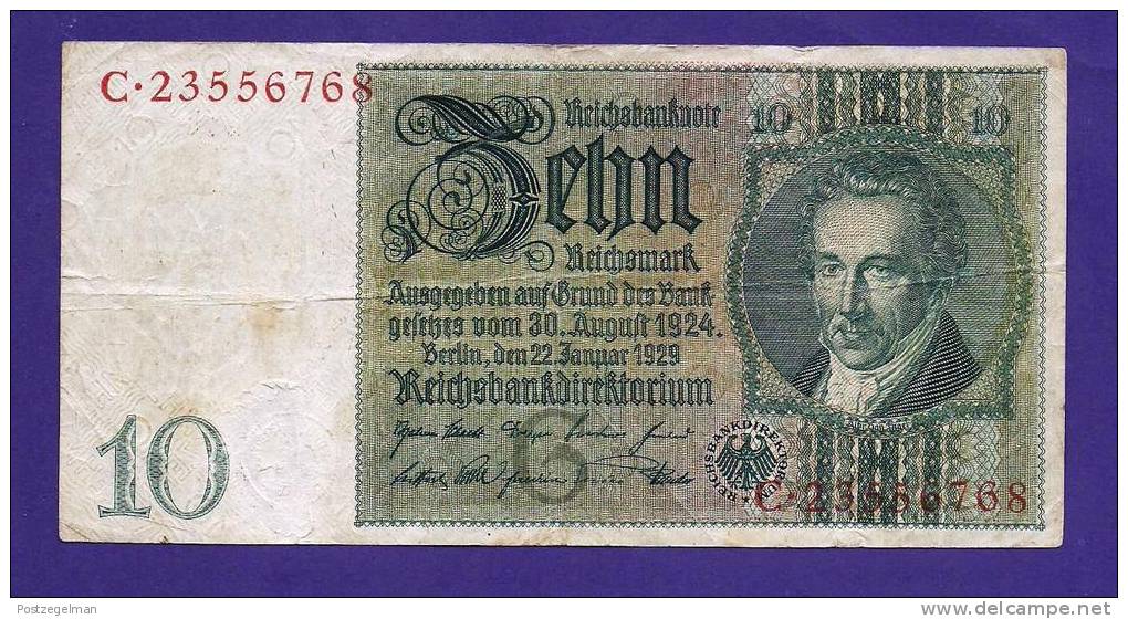 GERMANY, 1929, Banknote,  USED VF.  , 10 Reichsmark (wm Thaer) Km 180 (FOLDED) - Andere & Zonder Classificatie