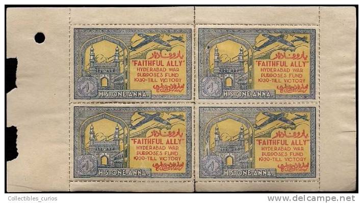 India Hyderabad State 1 Anna Colored  FAITHFULLY ALLY Urdu War Fund Label  BOOKLET Pane Of 4 MINT RARE Inde Indien - Hyderabad