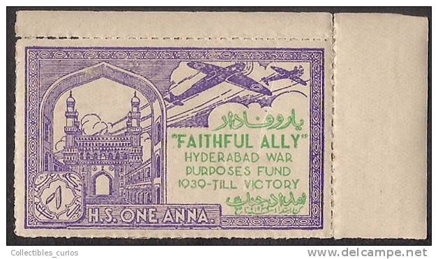 India Hyderabad State 1 Anna Voilet  FAITHFULLY ALLY Urdu War Fund Label MINT RARE Inde Indien - Hyderabad