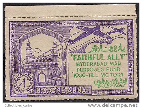 India Hyderabad State 1 Anna Voilet  FAITHFULLY ALLY Urdu War Fund Label MINT RARE Inde Indien - Hyderabad