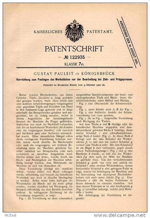 Original Patentschrift - Gustav Pauleit In Königsbrück I. S. , 1900 , Apparat Für Zieh- Und Prägepresse !!! - Historische Dokumente
