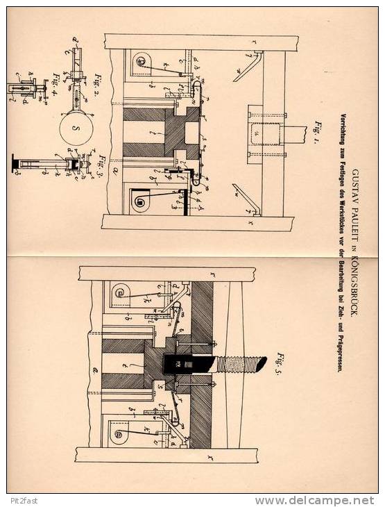 Original Patentschrift - Gustav Pauleit In Königsbrück I. S. , 1900 , Apparat Für Zieh- Und Prägepresse !!! - Historische Dokumente