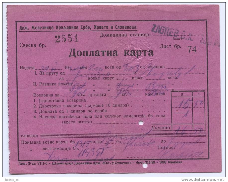 Railway, Eisenbahn, Zagreb , Croatia, Ticket, Kingdom Of Yugoslavia - Europe