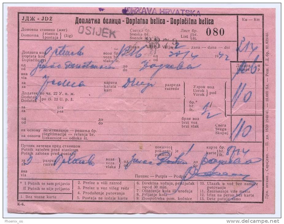 Railway, Eisenbahn, Zagreb - Osijek , Croatia, Ticket, 1942. - Europe