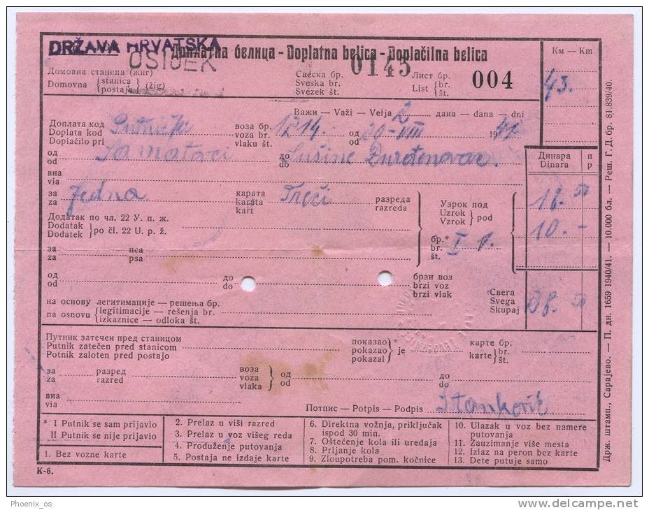 Railway, Eisenbahn, Osijek - Sušine , Croatia, Ticket, 1941. - Europa