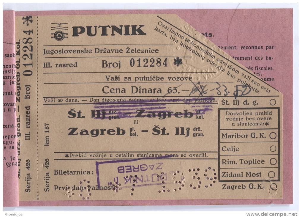 Railway, Eisenbahn, ZAGREB , Croatia / Kingdom Of Yugoslavia, Ticket, 1939. - Europa