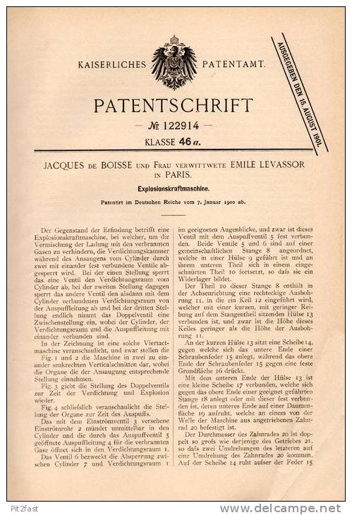 Original Patentschrift - Jacques De Boisse Und E. Levassor In Paris , 1900 , Explosionskraftmaschine !!! - Machines