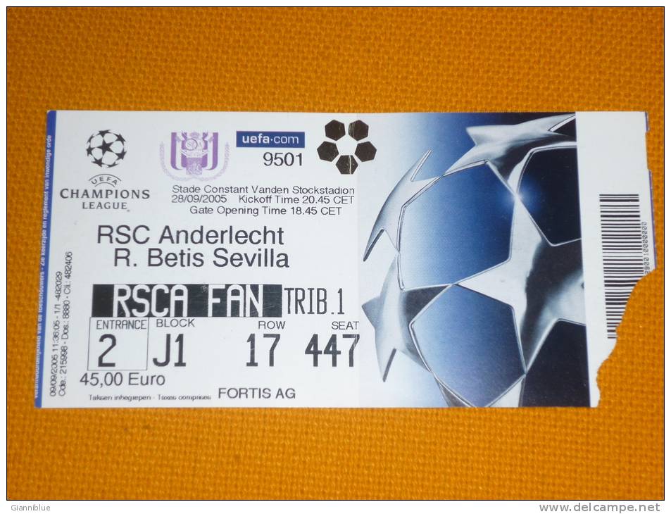 RSC Anderlecht-Real Betis/Football/UEFA Champions League Match Ticket - Tickets D'entrée