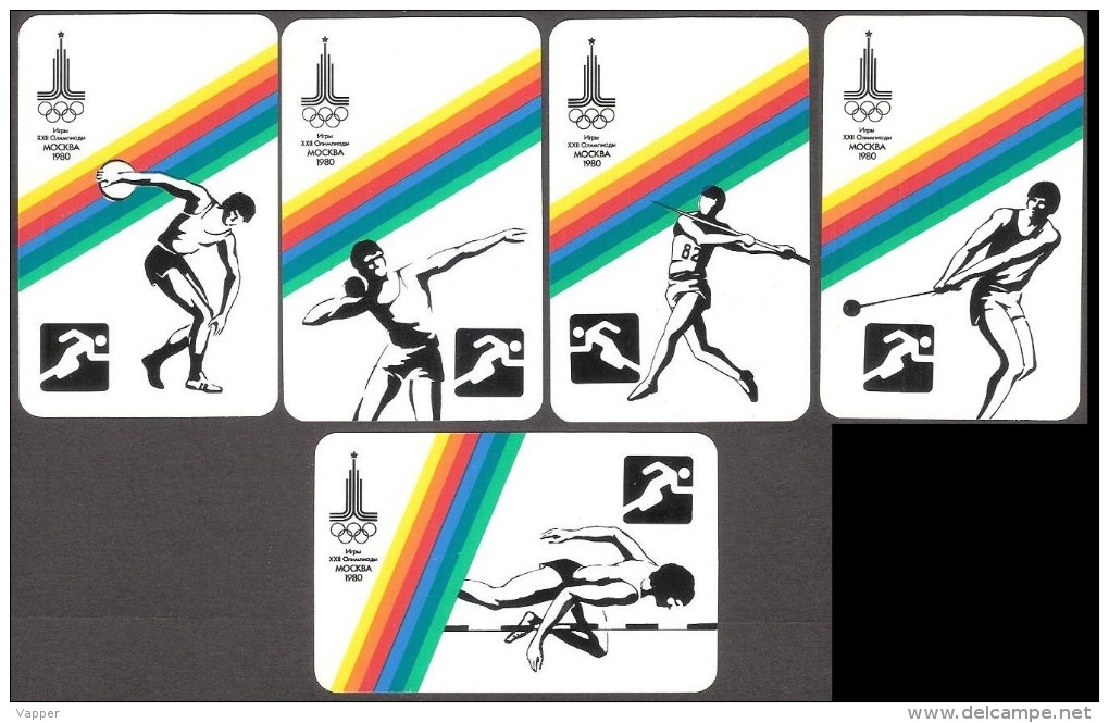 USSR (Russia)  5 Mini Calendars  Olympic 1980 Atletics, Spear-throwing, Discus, Hammer, Shot Putting, High Jump - Klein Formaat: 1971-80