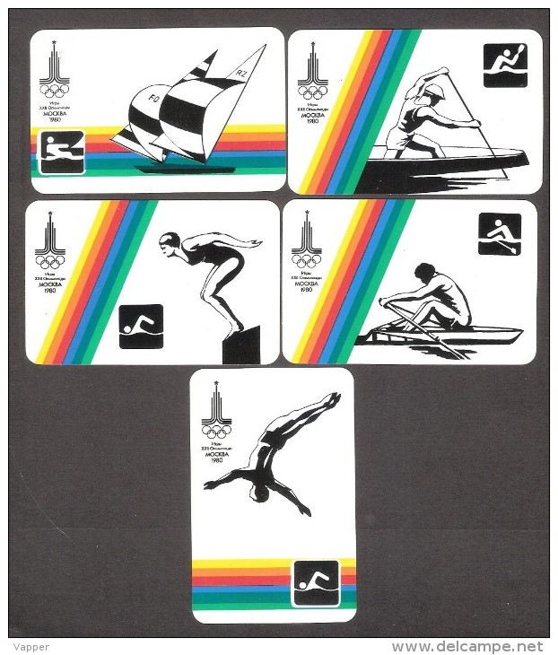 USSR (Russia)  5 Mini Calendars  Olympic 1980 Water Sports: Swimming, Sailing, Pulling - Small : 1971-80