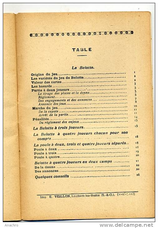 BELOTE BELOTTE 1925  " Règles Du Jeu " Livret 32 Pages Par B. RENAUDET Paris BORNEMANN - Sonstige & Ohne Zuordnung