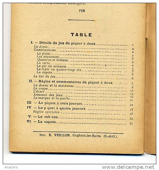 LE PIQUET Le Rubicon La Capote 1925  " Règles Du Jeu  SCIENCE Du Jeu " Livret 32 Pages Par B. RENAUDET Paris BORNEMANN - Altri & Non Classificati