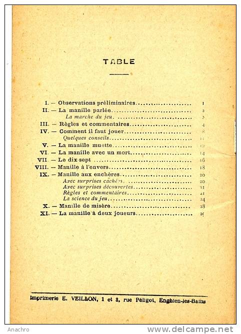 La MANILLE 1925  " Règles Du Jeu  SCIENCE Du Jeu " Livret 32 Pages Par B. RENAUDET Paris BORNEMANN - Autres & Non Classés