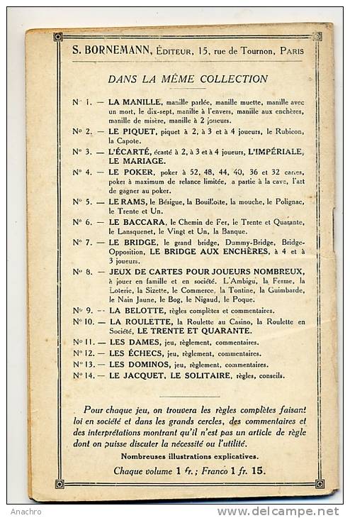 La MANILLE 1925  " Règles Du Jeu  SCIENCE Du Jeu " Livret 32 Pages Par B. RENAUDET Paris BORNEMANN - Sonstige & Ohne Zuordnung