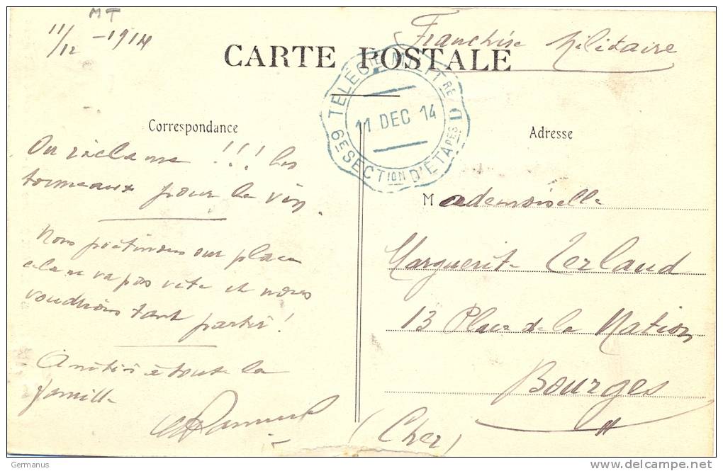 CACHET TELEGIE MILITre (TELEGRAPHIE MILITAIRE) 6E SECTION D'ETApes D - APPOSÉ Sur CP PAS DE CALAIS Càd ETAPLES 6-12-14 - WW I