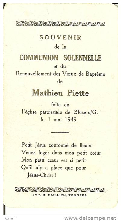 Faire-parts De Communion De SLUSE S/G En 1949 De MATHIEU PIETTE . - Comunioni