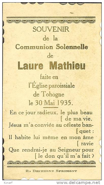 Faire-parts De Communion De TOHOGNE En 1935 De LAURE MATHIEU . - Comunión Y Confirmación
