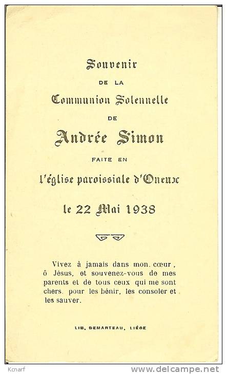 Faire-parts De Communion D' ONEUX En 1938 De ANDREE SIMON - Comunioni