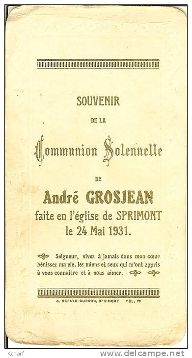 Faire-parts De Communion De SPRIMONT En 1931 De ANDRE GROSJEAN - Comunioni