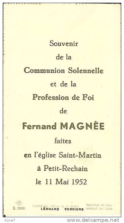 Faire-parts De Communion De PETIT-RECHAIN En 1952 De FERNAND MAGNEE - Comunioni