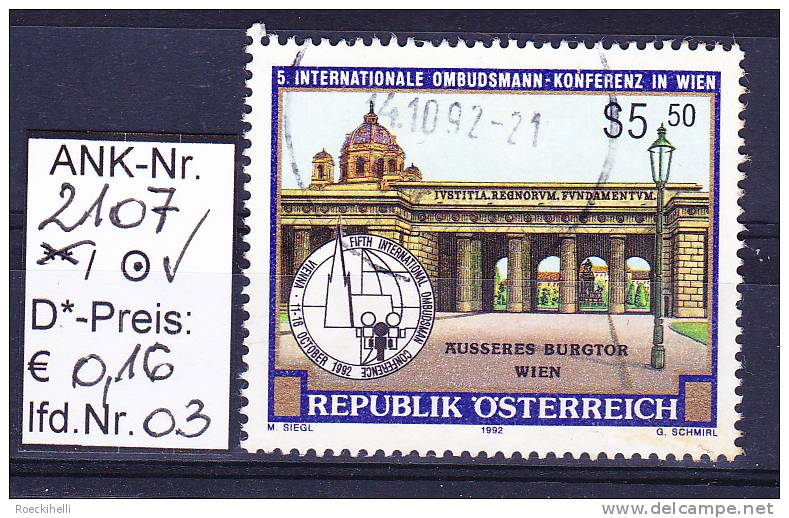 9.10.1992 -  SM  "5. Int. Ombudsmann-Konferenz -  Wien 1992"  -  O  Gestempelt  -  Siehe Scan  (2107o 01-06) - Usados