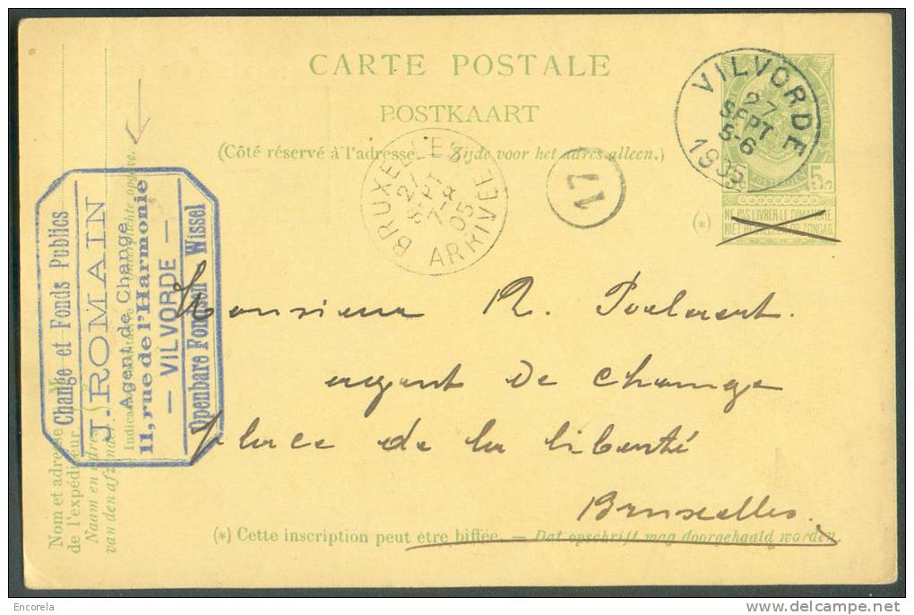 EP Carte 5 Centimes Armoirie (verso Repiquage 75ème Anniversaire De L´indépendance) , Obl. Sc De VILVORDE + Cachet Comme - Postkarten 1871-1909
