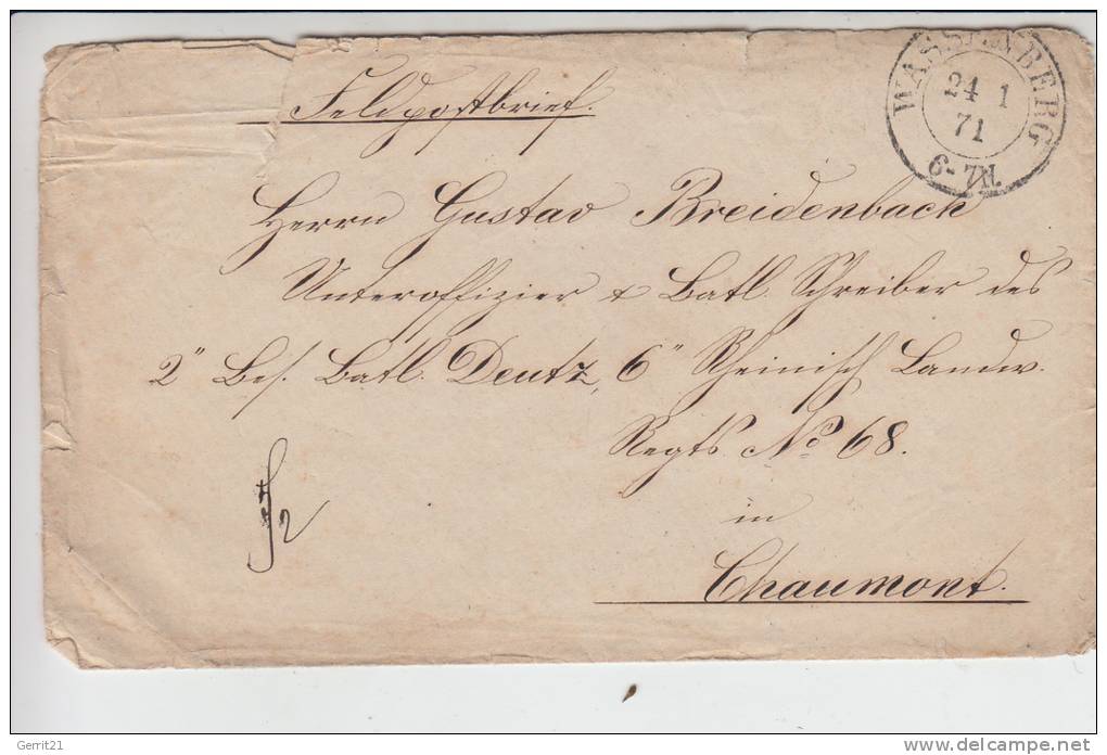 5143 WASSENBERG, Postgeschichte - Feldpostbrief 1871 An Einen Unteroffizier Des 6.Landwehr Regt. 68  Köln-Deutz - Erkelenz