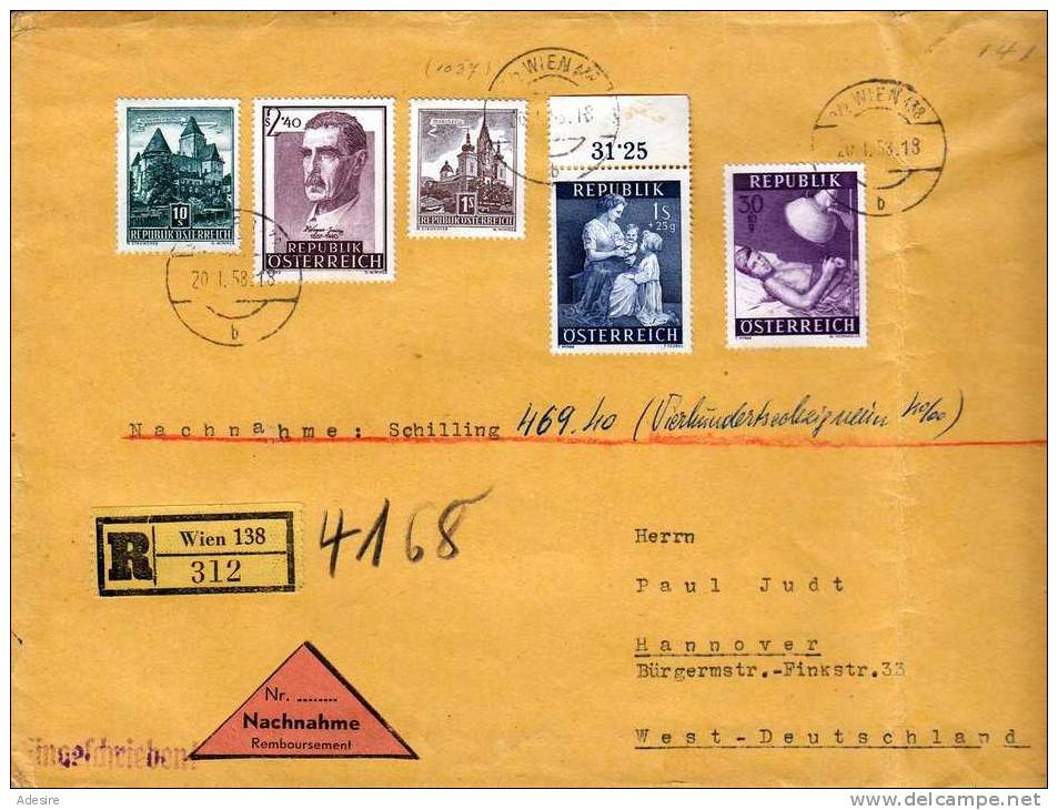 Österr.1958, Nachnahme R-Brief Von Wien Nach Hannover, Seltene 5 Fach Frankierung - Briefe U. Dokumente