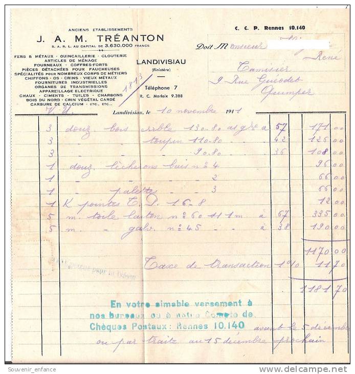 Facture Lettre De Change Tréanton Landivisiau 29 Finistère Timbres Fiscaux 1 Franc 45 C Fers Metaux - Autres & Non Classés